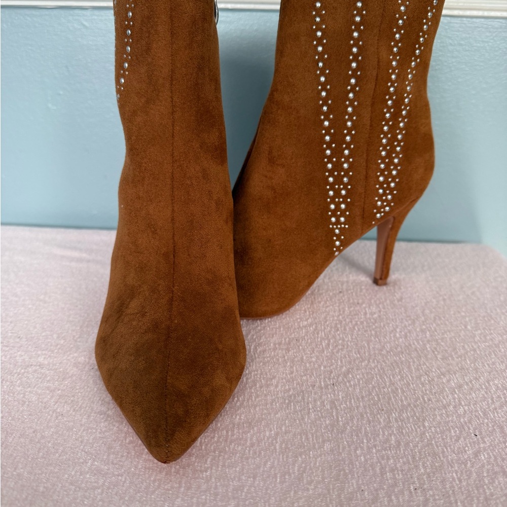 New York & Company Brown Heeled Boots with Rhinestone Detail